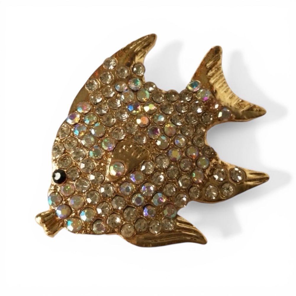 Gold‑Tone Angelfish Brooch with AB Rhinestones – Sparkling Statement Pin - Picture 4 of 12